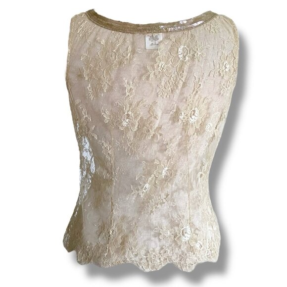 Y2k Vintage Collette Dinnigan Womens Top Sz Large Cream Sheer Lace Sequin Beaded - Picture 3 of 5